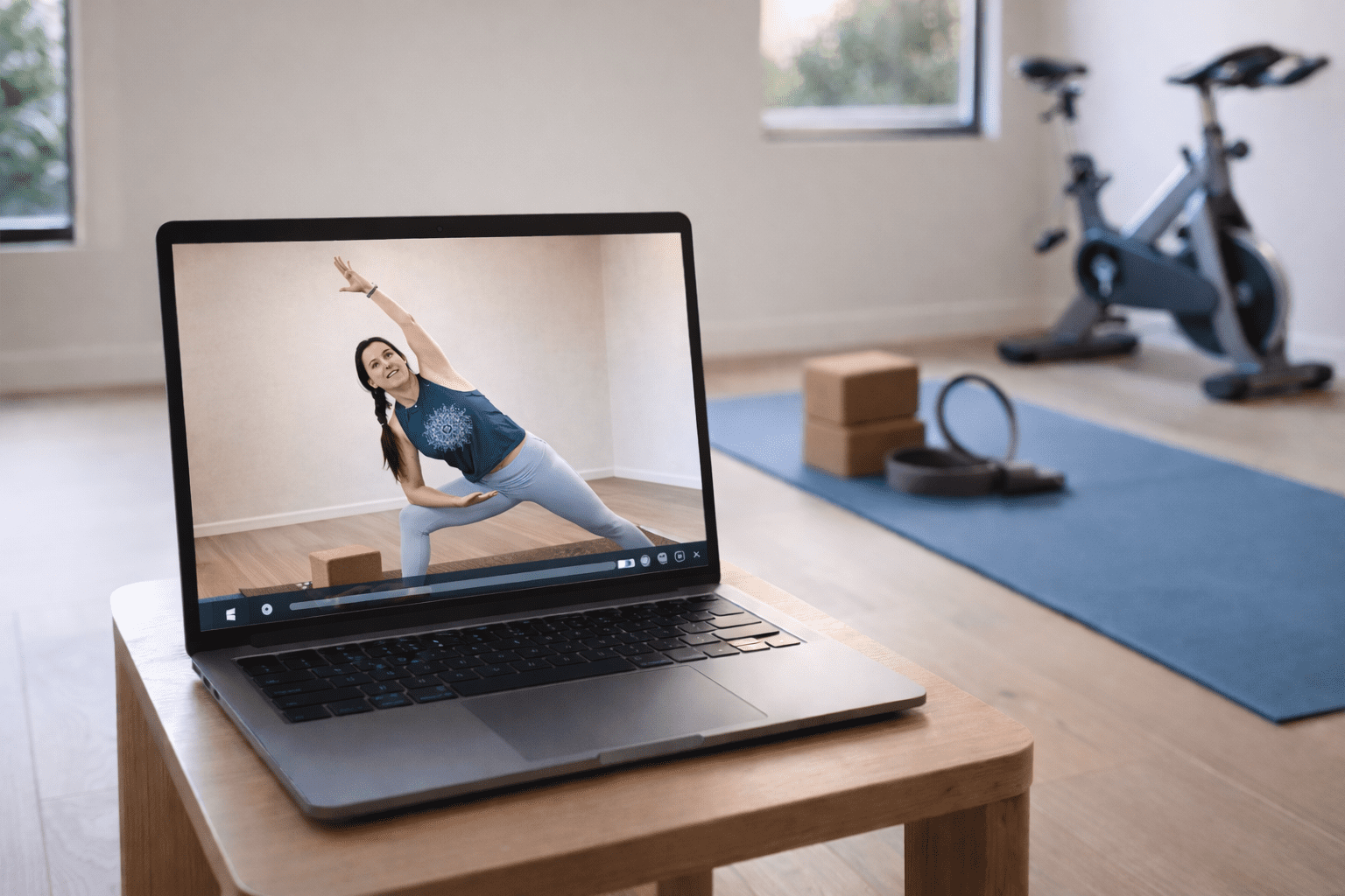 Woman practicing yoga on laptop screen, illustrating No-Excuses Yoga classes for busy schedules.