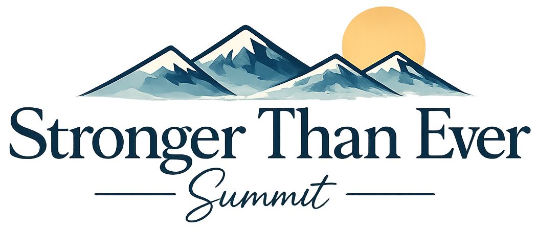 Mountainscape illustration and "Stronger Than Ever Summit" logo for Heather Blackmon Yoga.