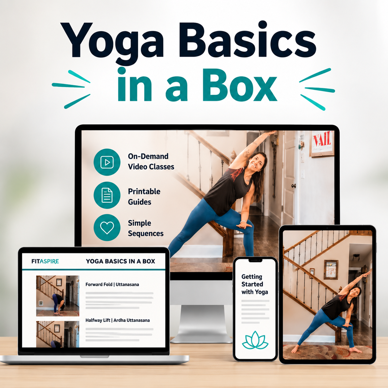 Yoga Basics in a Box digital program with video classes, printable guides, and simple sequences for foundational yoga practice.