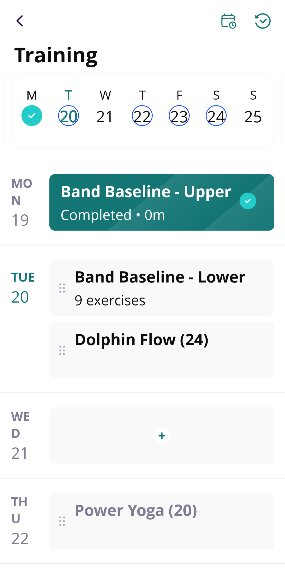 Example weekly training calendar showing strength workouts and yoga practices