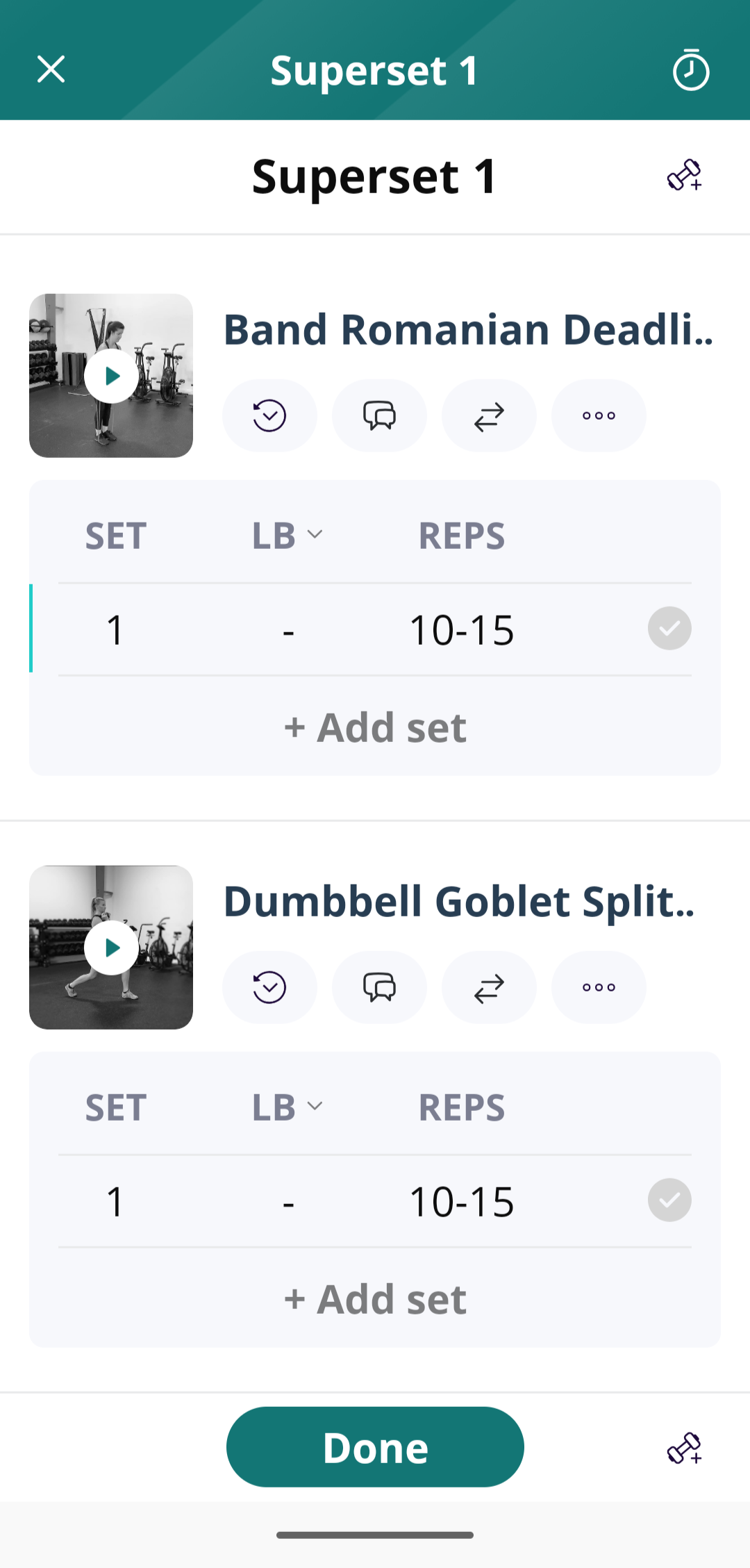 Example exercise tracking screen showing sets and repetitions