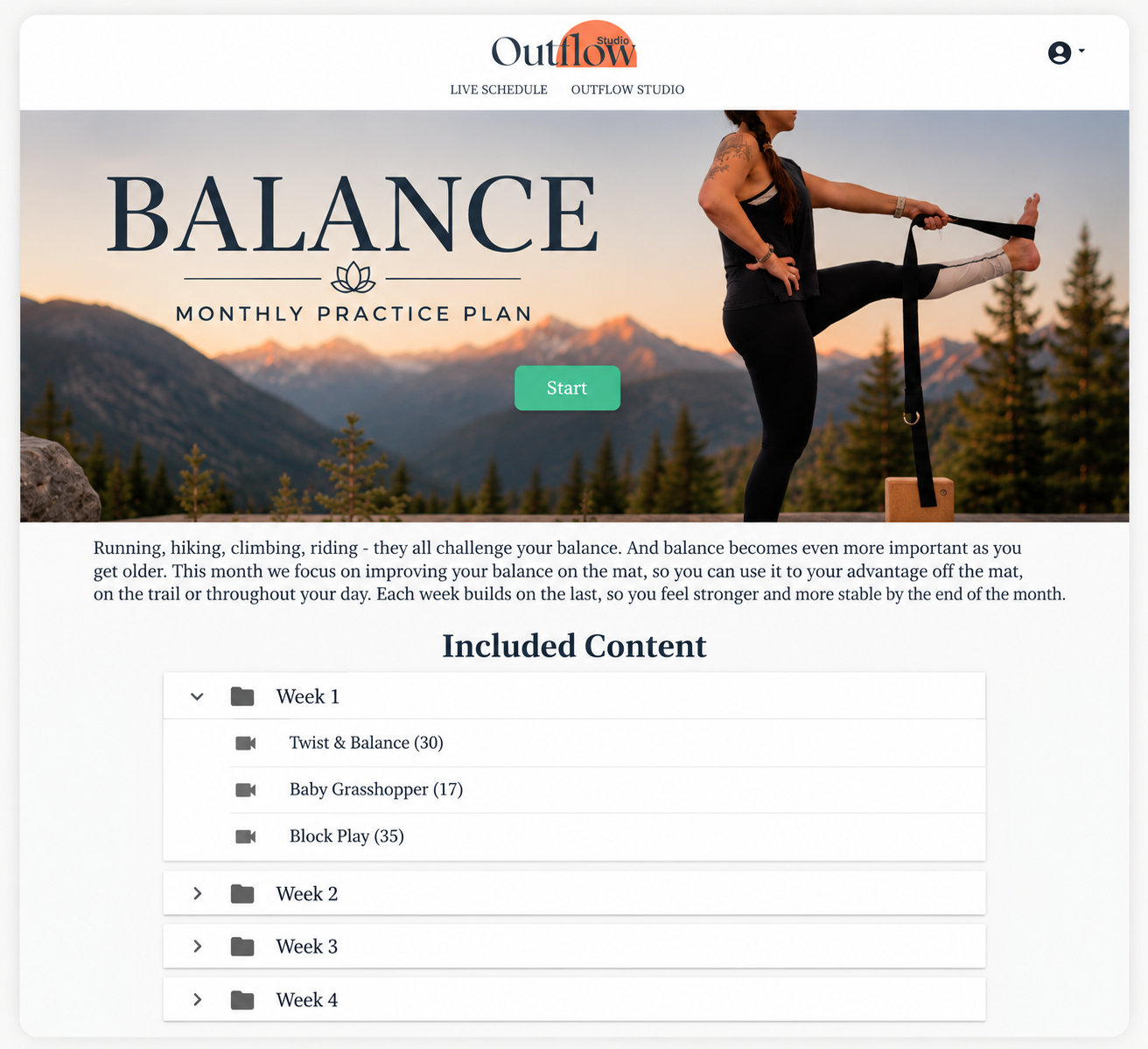 Outflow Studio Balance Practice Plan showing four weeks of recommended yoga classes
