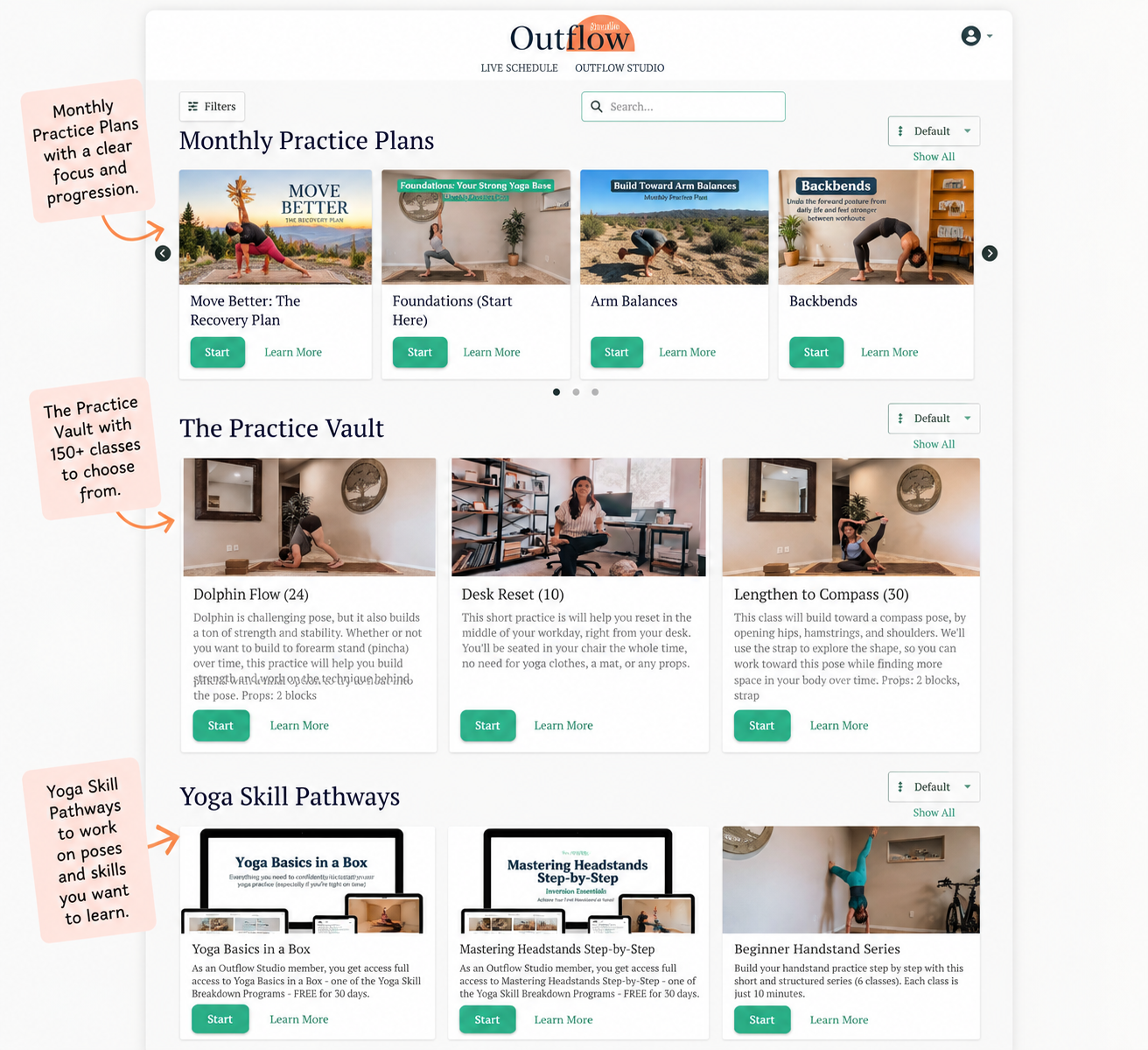 Preview of Outflow Studio showing Monthly Practice Plans, the Practice Vault, and Yoga Skill Pathways