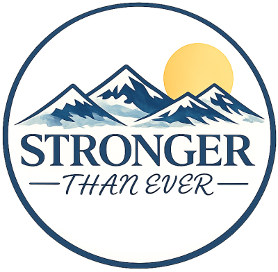 Stronger Than Ever logo featuring mountains and a sun, representing the virtual summit for active women over 35 focused on health and fitness.